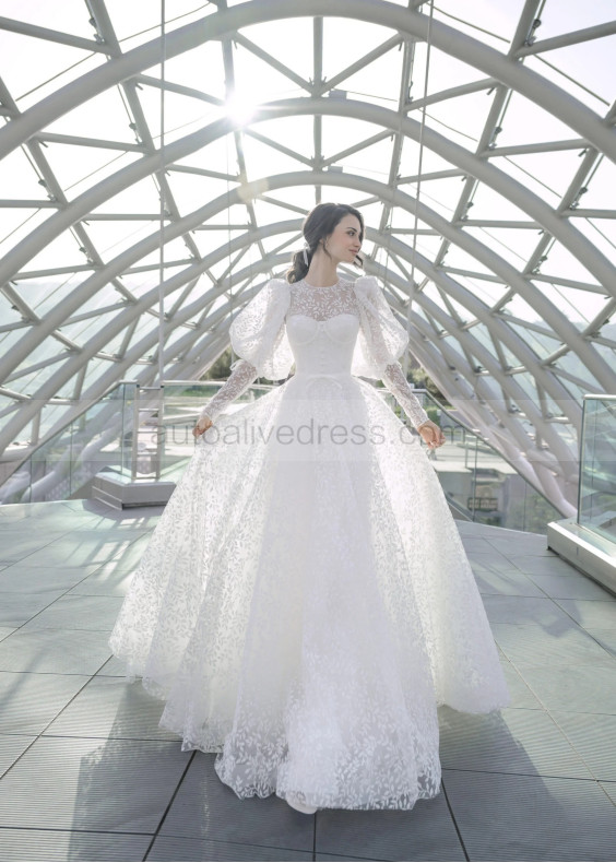 Long Sleeves Ivory Allover Leaf Lace Fabulous Wedding Dress